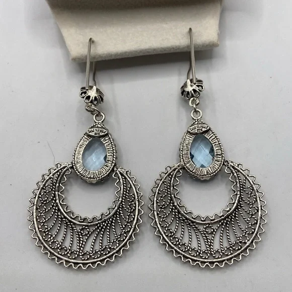 Hand Crafted Sterling Silver Blue Topaz Gemstone Earrings Pierced - Picture 5 of 12